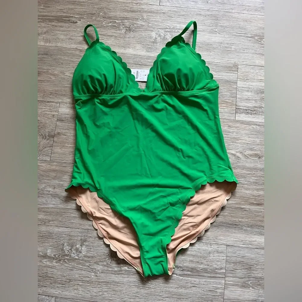 J Crew Women's Scalloped One Piece Green Swimsuit Lined Plus Size